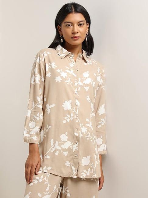 utsa by westside beige leaf printed straight tunic