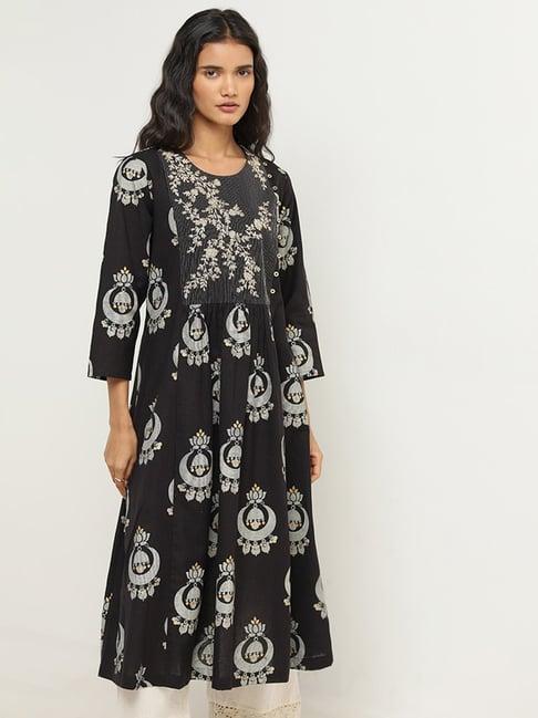 utsa by westside black chandbali printed fit-and-flare cotton kurta