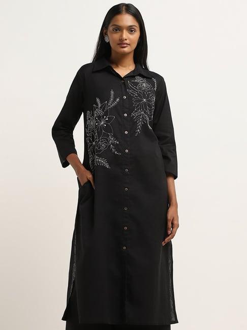 utsa by westside black floral embroidered a-line cotton blend kurta