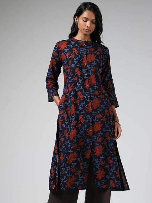 utsa by westside black floral printed buttoned down kurta