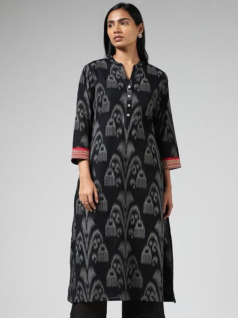 utsa by westside black ikkat printed straight kurta