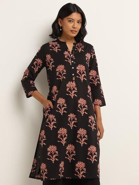 utsa by westside black straight fit floral print kurta