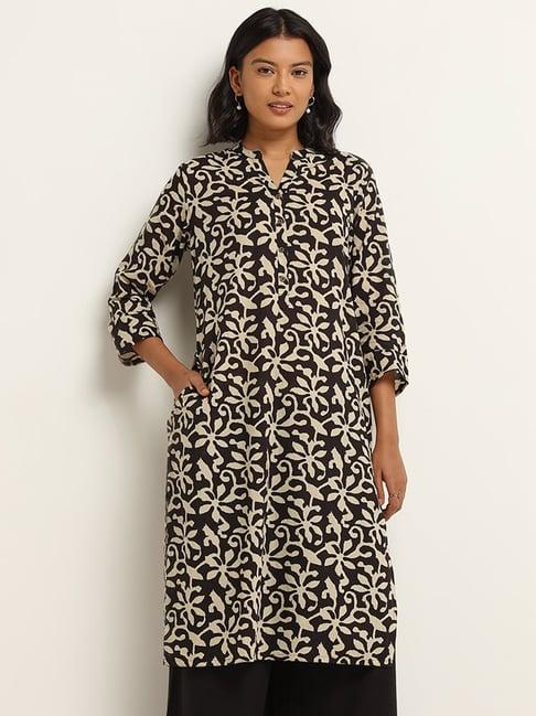 utsa by westside black straight fit printed kurta