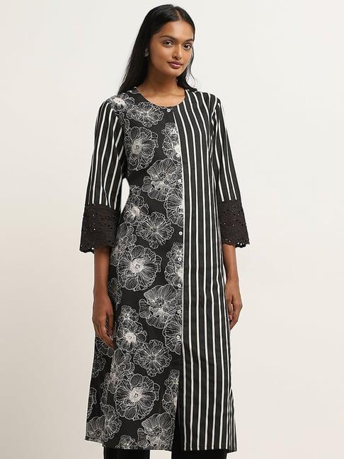 utsa by westside black striped & floral print a-line cotton blend kurta