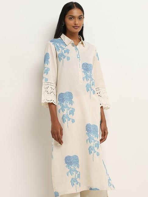 utsa by westside blue floral print a-line cotton blend kurta