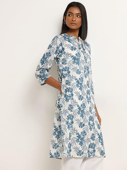 utsa by westside blue floral print cotton kurta