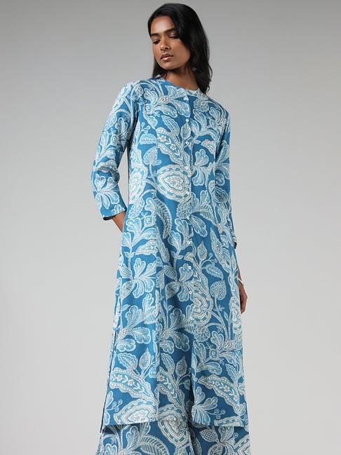 utsa by westside blue floral printed buttondown kurta