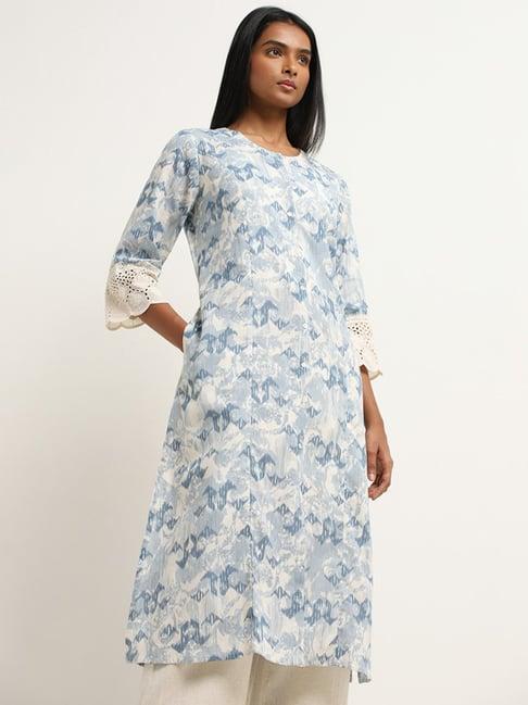 utsa by westside blue ikat design a-line cotton blend kurta