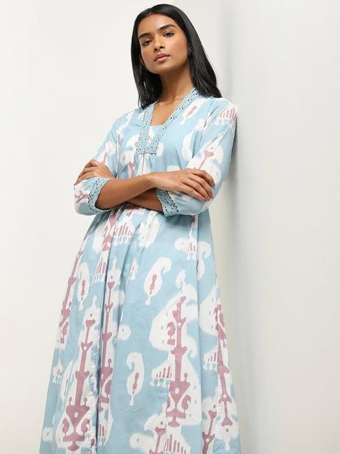 utsa by westside blue ikat patterned a-line cotton kurta