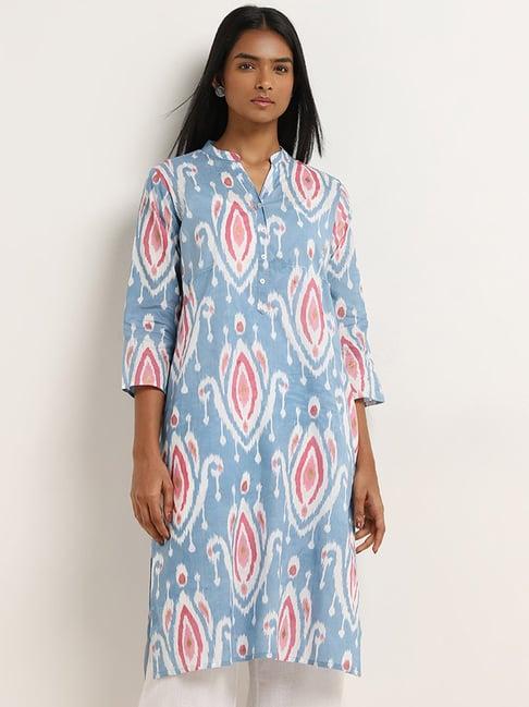 utsa by westside blue ikat print straight cotton kurta