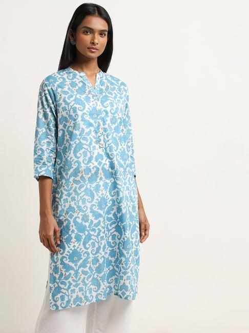 utsa by westside blue ikat printed straight cotton kurta