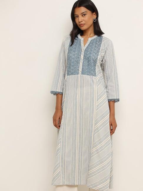 utsa by westside blue lace design blended linen a-line kurta