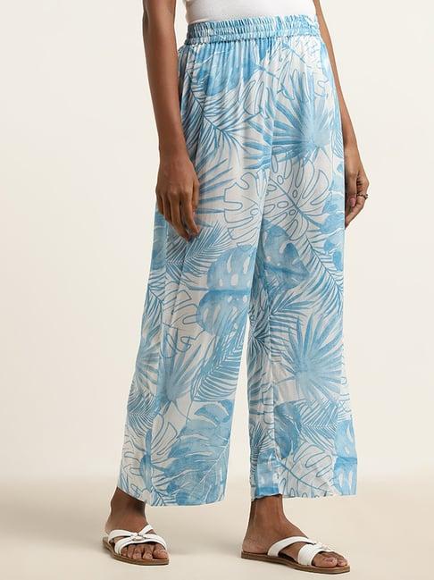 utsa by westside blue leaf printed high-rise palazzos