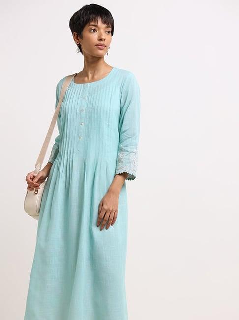 utsa by westside blue pleated a-line cotton kurta