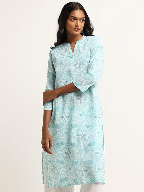 utsa by westside blue printed cotton straight fit kurta