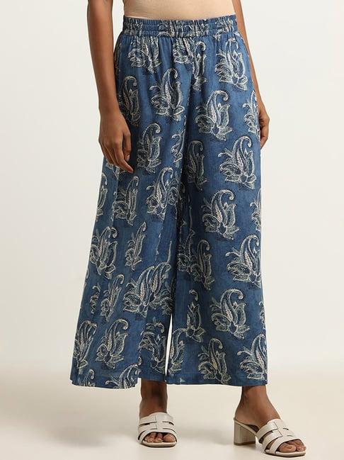 utsa by westside blue printed wide-leg palazzos