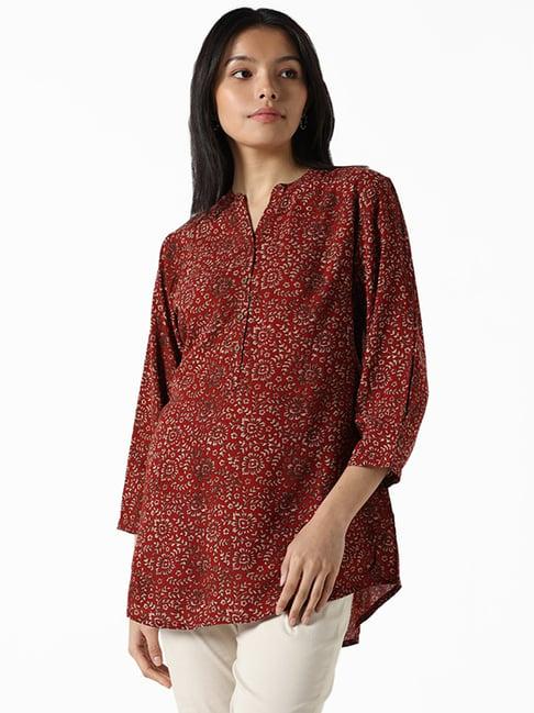 utsa by westside brick red floral printed straight tunic
