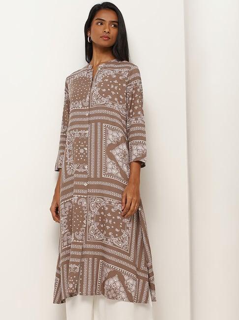 utsa by westside brown printed straight fit kurta