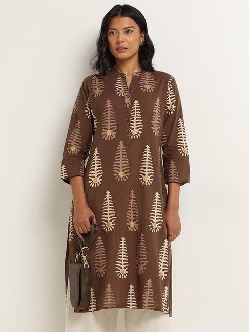 utsa by westside brown straight fit printed kurta