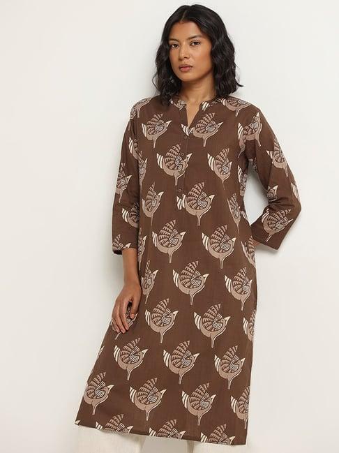 utsa by westside brown straight fit printed kurta