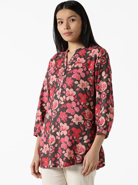 utsa by westside charcoal & pink floral printed straight tunic