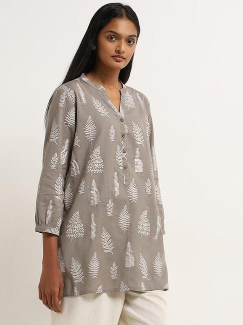 utsa by westside dark grey leaf design a-line cotton blend kurti