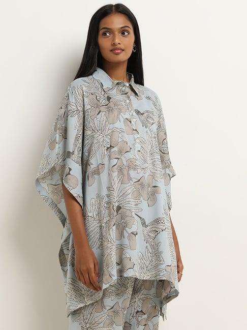 utsa by westside dusty blue foliage printed a-line kaftan style kurta