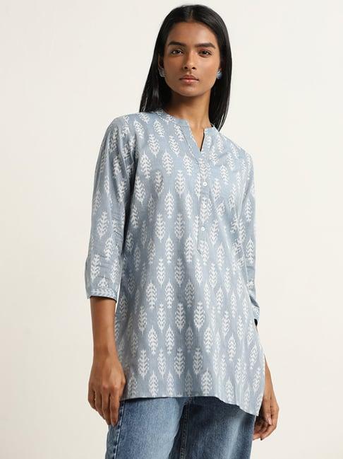 utsa by westside dusty blue leaf pattern straight kurti