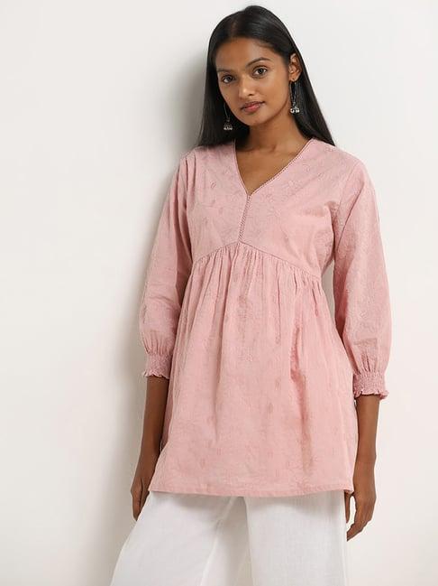 utsa by westside dusty pink embroidered fit and flare kurti