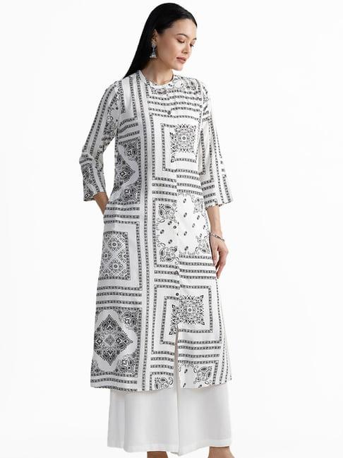 utsa by westside fix square block print white kurta