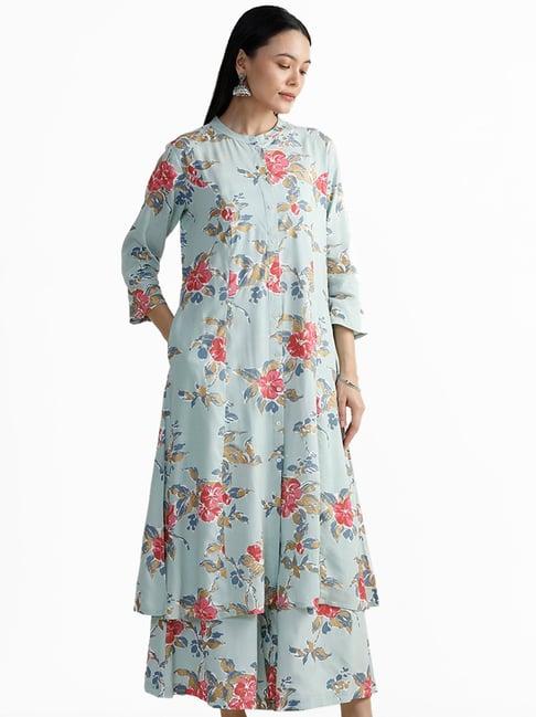 utsa by westside floral printed aqua blue kurta