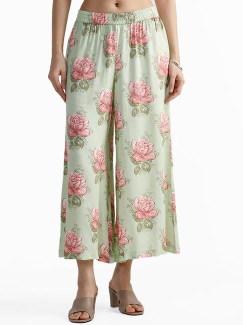 utsa by westside floral printed mint green ankle length palazzos