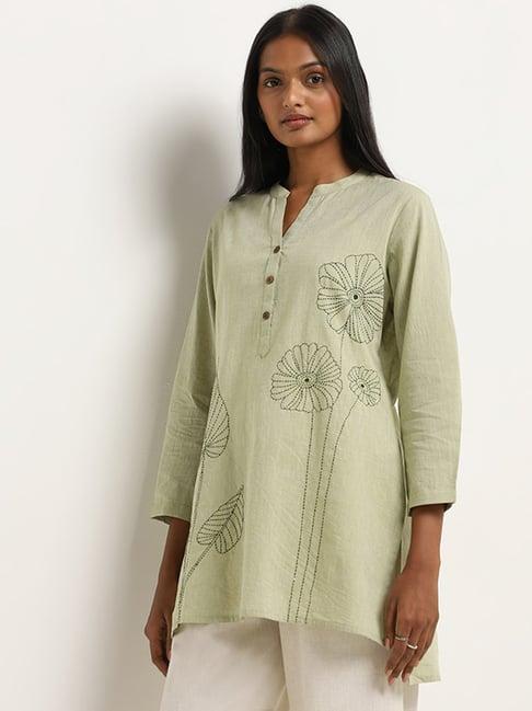 utsa by westside green floral embroidered high-low cotton kurti