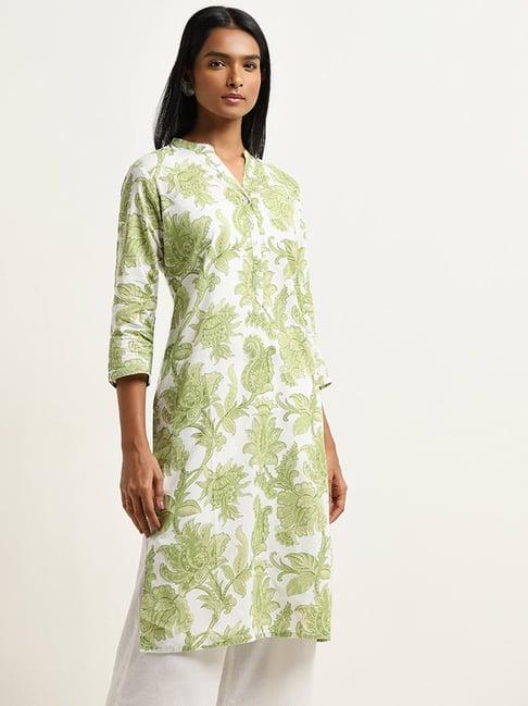 utsa by westside green floral printed straight cotton kurta