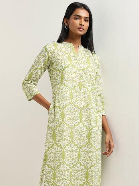 utsa by westside green ikat printed straight cotton kurta