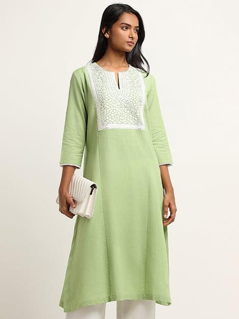 utsa by westside green mirror cotton blend embroidered kurta