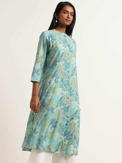 utsa by westside green printed button-down kurta