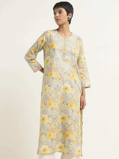 utsa by westside grey paisley embroidered a-line cotton kurta