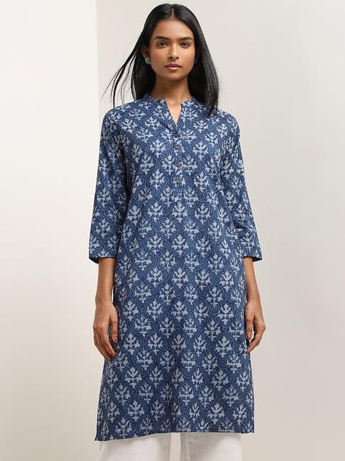 utsa by westside indigo butta print straight cotton kurta