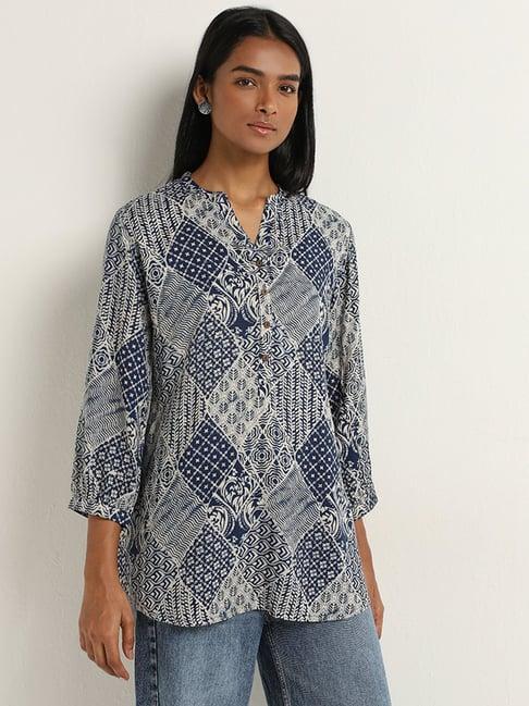 utsa by westside indigo diamond-block printed straight kurti