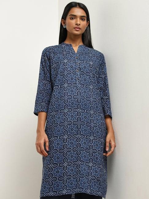 utsa by westside indigo rangoli block printed straight cotton kurta