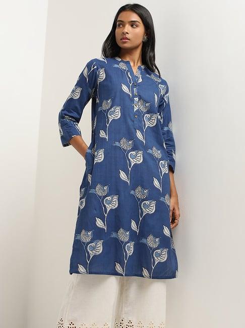 utsa by westside indigo surkhab printed straight cotton kurta