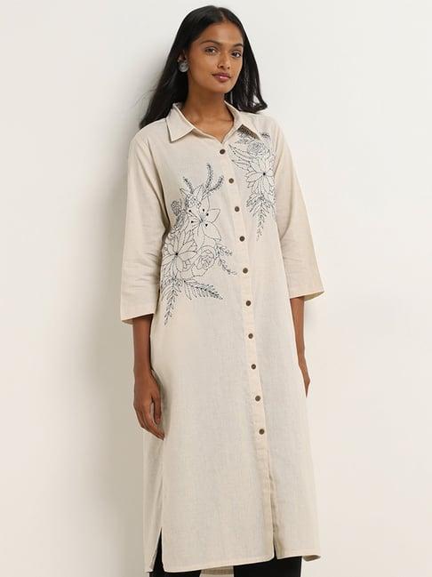 utsa by westside light beige embroidered a-line cotton blend kurta