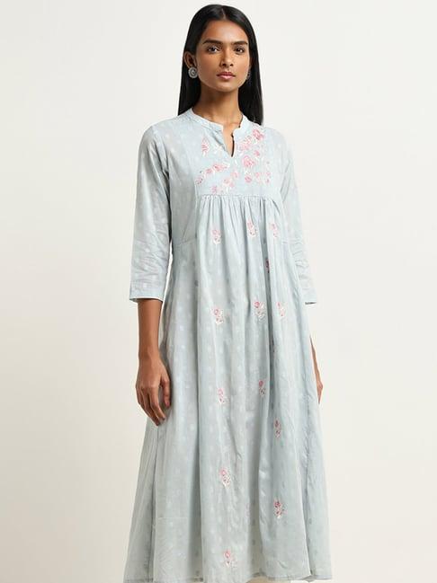 utsa by westside light blue floral embroidered a-line cotton kurta