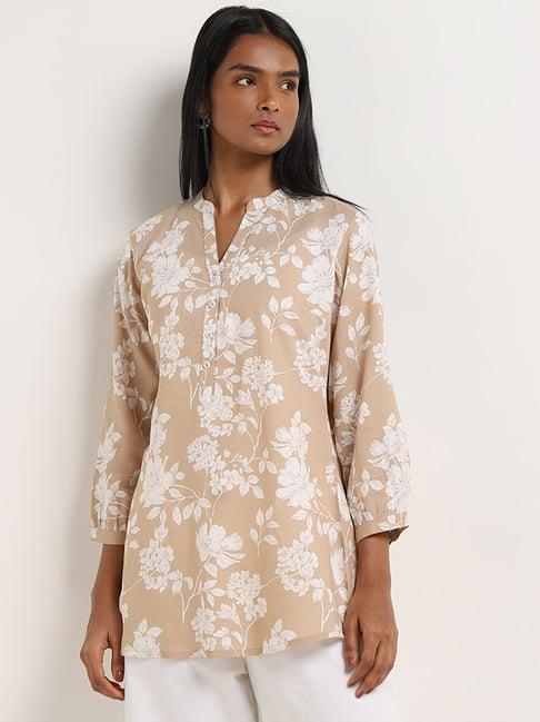 utsa by westside light brown floral printed straight cotton kurti