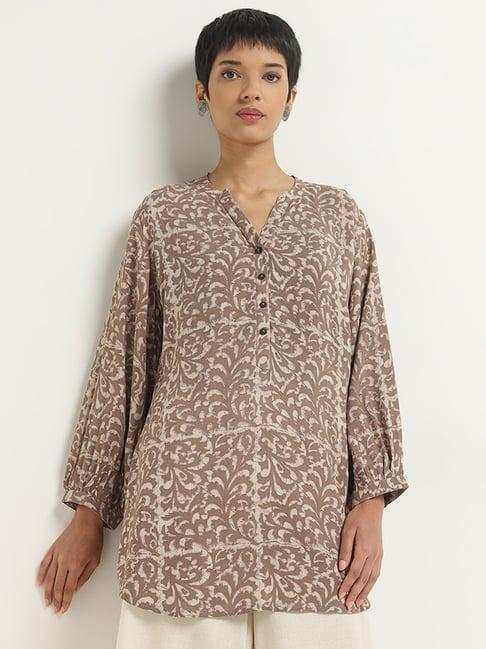 utsa by westside light brown leaf printed straight kurti