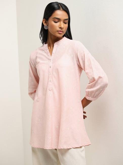 utsa by westside light pink embroidered a-line cotton kurti