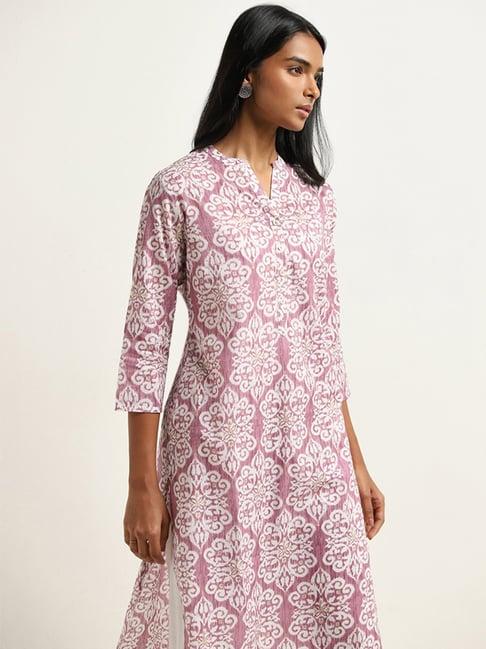 utsa by westside light purple ikat printed straight cotton kurta