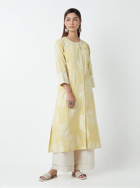 utsa by westside light yellow floral-printed a-line kurta