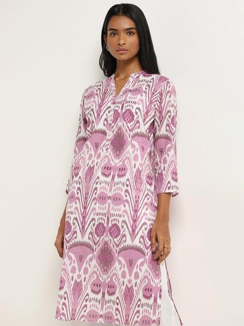 utsa by westside lilac ikat printed straight cotton kurta